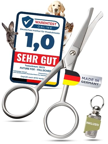 FUTURE FOX® Fellschere aus Solingen INKL. Adressanhänger [Made in Germany] Pfotenschere mit einseitiger Mikroverzahnung, gebogener Schnittfläche und abgerundeter Spitze für die Fellpflege(10,5cm)