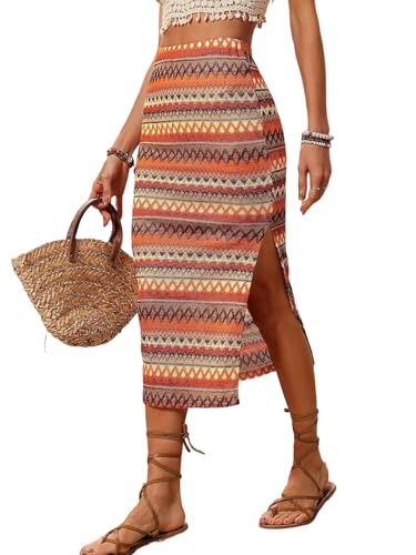 EARKOHA 2025 Skirts for Women Women Holiday Metric Printed Side Slit Skirt with Asymmetrical Hem for New Year Clothes Vacation Beach Outfit Multicolor M