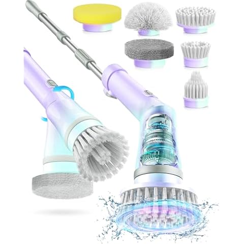 Electric Spin Scrubber, Cordless Cleaning Brush IPX7 Waterproof with 6 Replaceable Brush Heads, 2H Power Dual Speed, Shower Scrubber with Extension Handle for Bathroom Tub Tile Floor Car, NB-Purblue. Cover