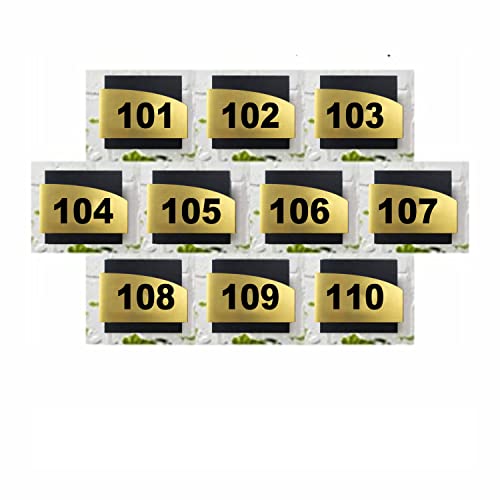 Image of Combo Number Plate Set 101-110 (Pack of 10) | Laser Cut Acrylic Black and Gold Color Smooth Finish Plate with Double Side Tape on Backside | Size: 140mm x 140mm | Signage