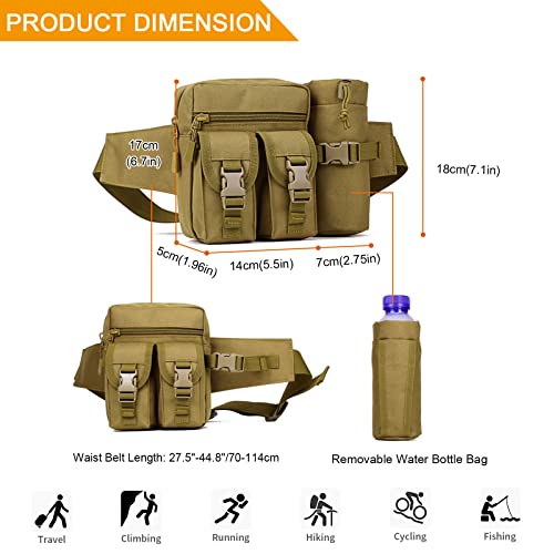 Huntvp Taktisch Hüfttasche mit Flaschenhalter Militärisch Bauchtasche Wasserdicht Gürteltasche MOLLE Wasserflasche Halter Multifunktional für Damen Herren Wandern Laufen Camping Trekking, Braun