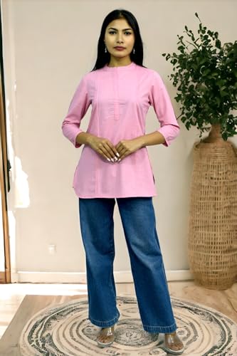 Image of JAIPUR HAND BLOCK Women's Pintuck Plain Short Cotton Kurti|Top STYLE-S91