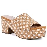 Women’s Platform Slide Sandals – Chunky Heel Slip-On Mules with Floral Cutout Design – Retro Denim Look Summer Dress Shoes, Suki - Natural Daisy, Size 8