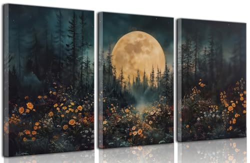 3Pcs Full Moon Forest Canvas Wall Art Nature Landscape Wildflower