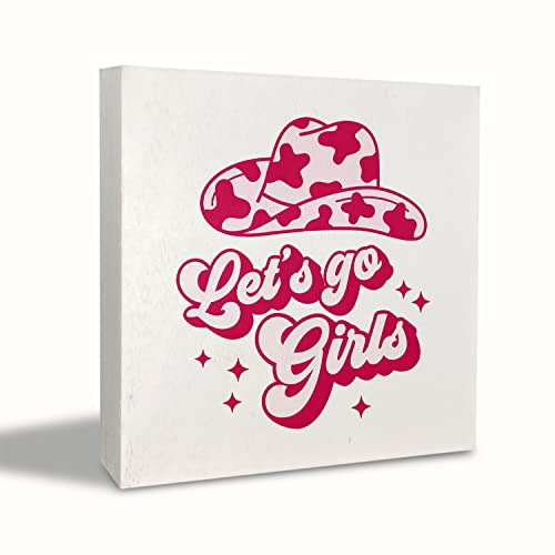 Preppy Western Cowgirl Let's Go Girls Hat mucca stampa rosa caldo rustico blocco di legno placca scatola cartello decorazione scrivania per addio al nubilato occidentale casa dormitorio parete tavolo