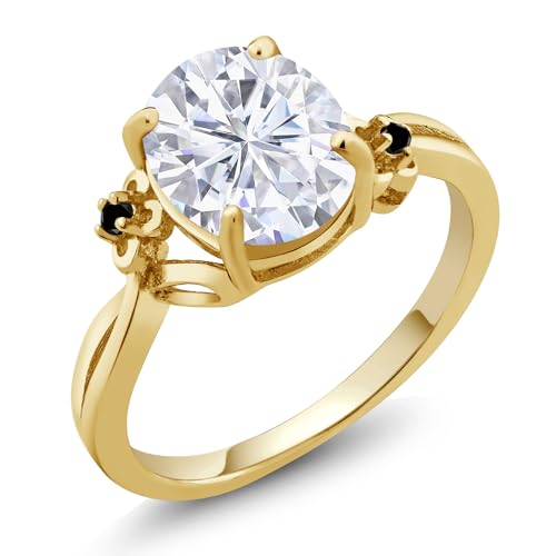 Gem Stone King 18K Yellow Gold Plated Silver White Moissanite and Black Diamond 3 Stone Ring For Women (3.03 Cttw, Oval 10X8MM, Gemstone Birthstone, Available In Size 5, 6, 7, 8, 9)