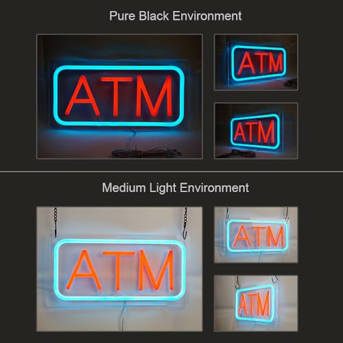 Image of ATM Neon Sign, Mini Size, 12 inchx6 inch, 12V-Powered Business Signboards for Convenience Store, Gas Station, Liquor Shop, Mini Market, High Brightness, Clear Acrylic Backboard, Wall Window Decor