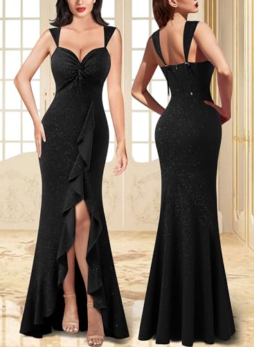 Image of VFSHOW Womens Sweetheart V Neck Twist Front Backless Ruched Ruffle Slit Formal Evening Gown Maxi Long Dress