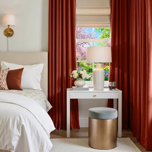 Image of Blackout Rust Red Velvet Curtains Grommet 52x96 Inch 2 Panels | Soft Velvet, For Bedroom & Living Space, Light Shifting Texture, Elegant Luxury Drape, Charming