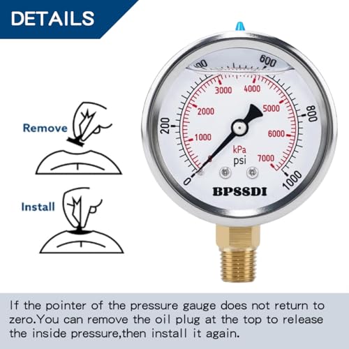 Image of 0-1000 Psi Glycerin Liquid Filled Hydraulic Pressure Gauge, 2.5 inch Dial Size, 1 /4 inch NPT Lower Mount, 304 Stainless Steel Case, for Water Oil Air Gas Pressure Test