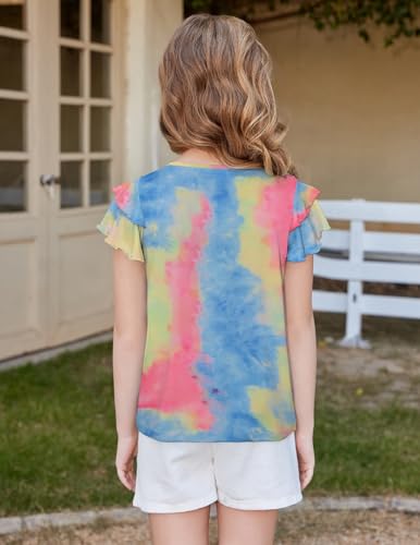 Image of Arshiner Girls T Shirts Ruffle Short Sleeve Summer Pleated Crewneck Casual Tops Tees Blouses