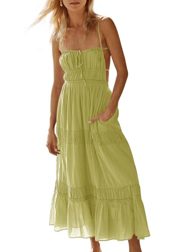 Image of Wenrine Womens Summer Beach Dresses Backless Spaghetti Straps Self Tie Tiered Flowy Casual Maxi Dress with Pockets