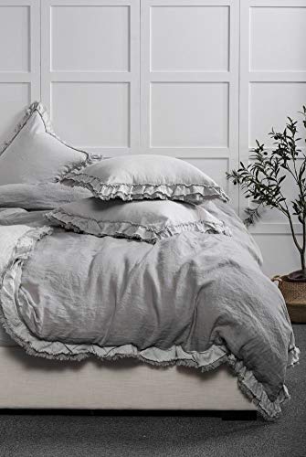meadow park Washed French Linen 3 Pieces Duvet Cover Set, Reversible, King Size, Super Soft, Ruffle Style, Grey Color - Thumbnail 3