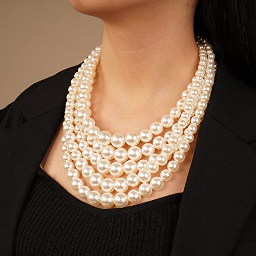 Yertter Vintage 1920S Pearl Necklace Earrings Bracelet Set Multi Layered Strand Chunky Pearl Choker Statement Collar Neck Hand Accessories Gift For Her (A) #TOP1