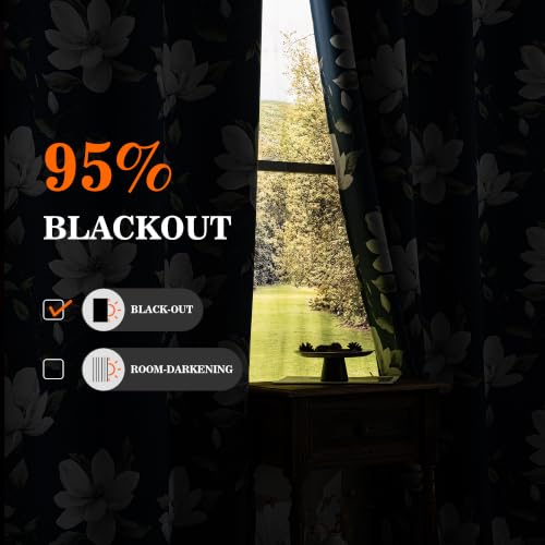 Image of MYSKY HOME Floral 95% Blackout Curtains 54 Inch Long 2 Panels Set for Kitchen White Flower Printed Thermal Insulated Light Blocking Black Out Grommet Window Treatments, 52 inch W Each Panel, Blue