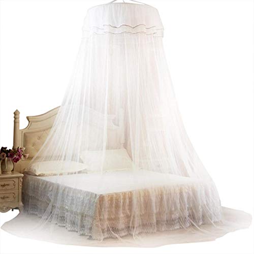 Net Bed Canopy, Round Princess Lace Canopy Bed Curtain for Single to Queen Size, Luxury Net for Home Ladies Bedroom Travel Decoration(White)