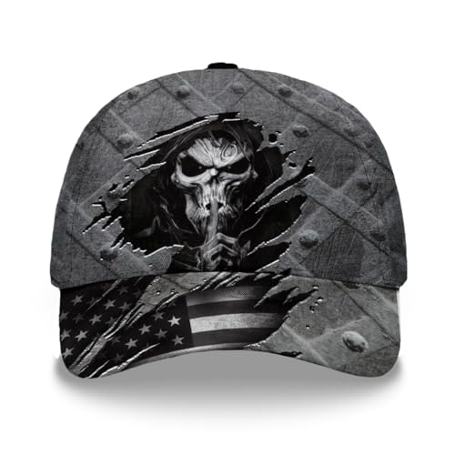 Image of Skull Baseball Cap for Men, Grim Reaper Death Crack Old Metal with Flag, Men's Hat, Adjustable Motorcycle Soft Caps