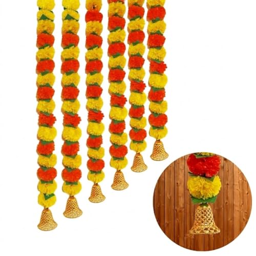 Image of Bindian Artificial Marigold Flower Toran 2.5 Ft Yellow Orange with Leaf & Bells | Decorative Bandanwar for Diwali, Pooja, Wedding, Festival, Home Entrance & Wall Decoration (Pack of 5)