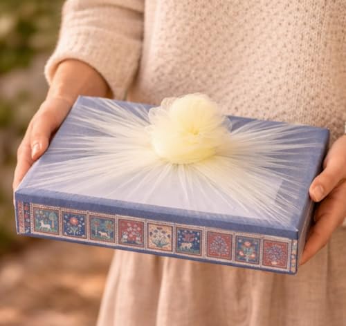 Image of SATYAM KRAFT 3 Pcs Multipurpose Decorative Folding Gift Box, Gift hampers | Paper Gift Hamper Boxes for wedding Return Gifts, Sweets, DIY Craft | Rectangular Cardboard Tray with Net (Dark Blue)