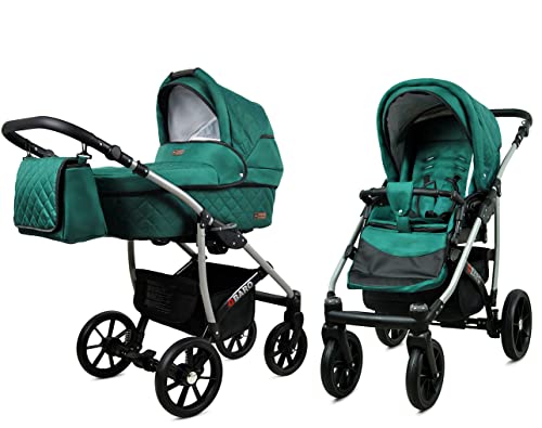BabyLux Qbaro 2-in-1 Baby Kinderwagen Tief und Kinderwagen mit Zubehör Verstellbar und faltbar Aluminiumkonstruktion Wasserdicht Nicht abnehmbare Räder Khaki
