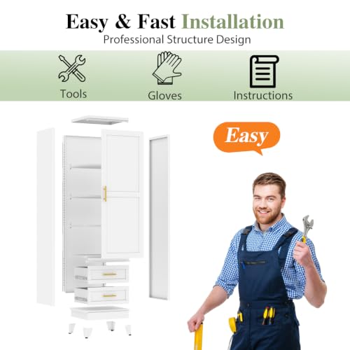 Image of Tall Narrow Pantry Cabinet for Kitchen, 67 inch H Metal Storage Cabinet with Drawers, Doors & 3 Adjustable Shelves for Dining Room, Living Room, Home Office, 20 inches Wide, White