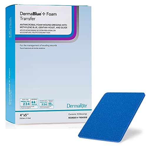 DermaBlue+ Antimicrobial Foam Wound Dressing 4 x 5 x 1/4 - Conformable - with Methylene Blue Gentian Violet and Silver - Broad Spectrum Antimicrobial and Antifungal Protection - 10 Pack
