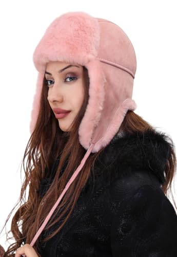 Image of Unisex Shearling Sheepskin Leather Aviator Russian Ushanka Trapper Winter Fur Hat (Pink, Small)