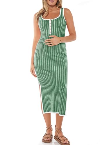 Summer Maternity Dress Rib Knit Sleeveless Button Bodycon Nursing Dresses Side Slit Stretchy Pregnancy Clothes