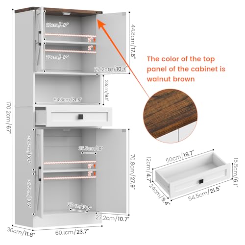 Image of CBBPET 67 inch Tall Farmhouse Pantry Cabinet with Drawer,Small Storage Cabinet for Kitchen Bathroom Dining Room Kitchen (White, 11.8 inch D x 23.6 inch W x 67 inch H)