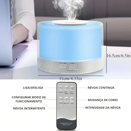 Umidificador Difusor Aromatizador Purificador De Ar 500Ml Ultrassônico Com Controle E Luz De Led 7 C