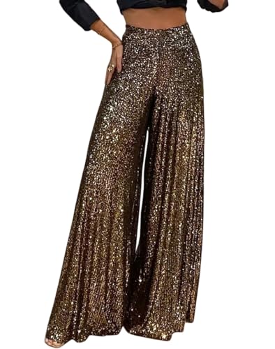 GGUHHU Womens Shiny Sequin Wide Leg Pants High Waist Pleated Long Palazzo Trousers