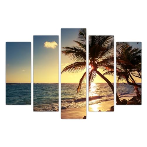 AREDE Set di 5 Stampe da Parete Quadri Moderni Decorazioni da Muro per Casa Soggiorno Camera da Letto e Cucina Alba su una spiaggia tropicale| 120 x 80 cm | Pronto da appendere