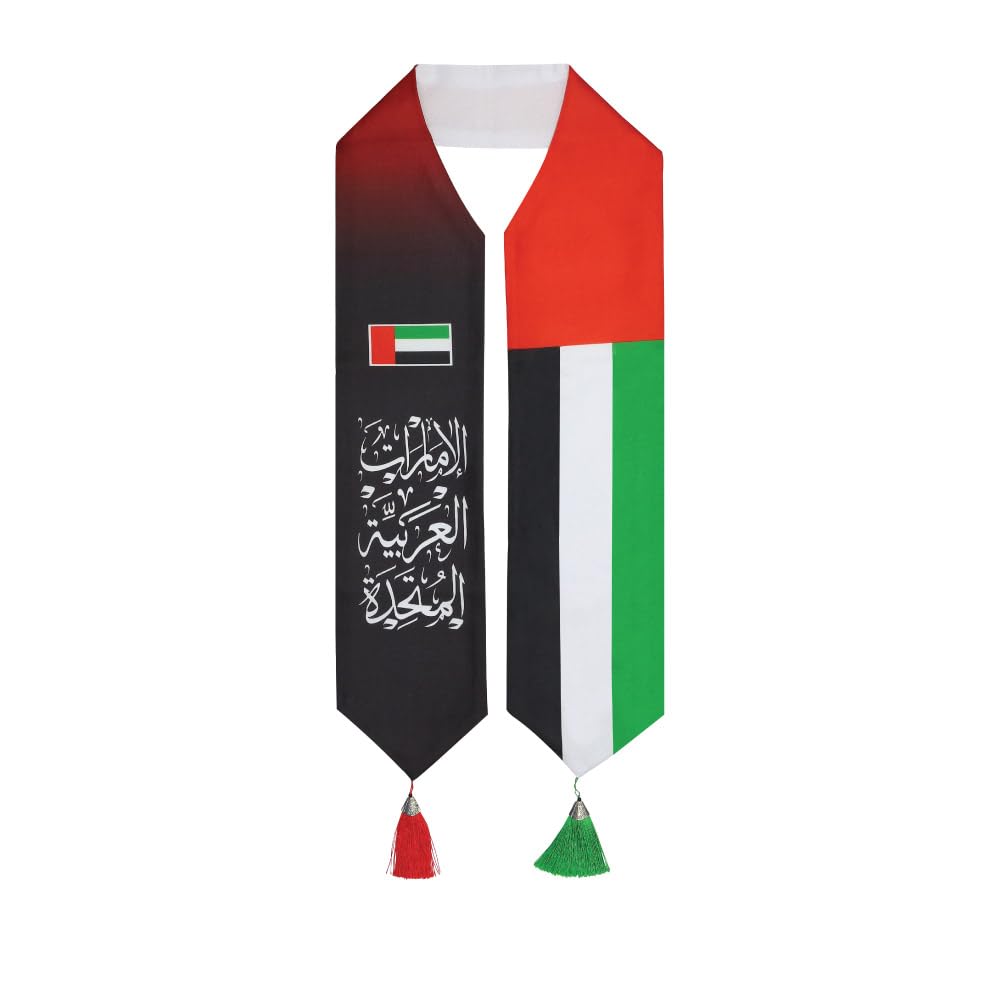 Varaq InternationalPremium Eid Al Etihad UAE Scarf with Arabic Script, Red & Green Tassels – National Day Celebration Scarf for Events (150 x 14 cm)