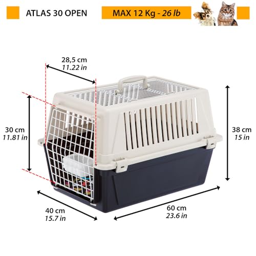 Ferplast Katzentransportbox, kleine mittelgroße Hundetransportbox, Hunde und Katzen bis 15 kg, mit Kissen und Napf, Lüftungsschlitze, 40x60xH38 cm, Transportbehälter Atlas 30 Open