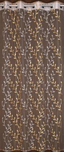 Image of Fabrilia Sheer Tissue Embroidery Curtain for Living Room, Bedroom & Dining Area | Leaf Vine Pattern Net Eyelet Curtain | Brown with Gold Touch Design | 9 feet Long Set of 2 Curtain