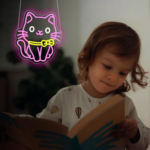 Image of Neon Sign - HSJNJKFU Cat Neon Signs for Wall Decor Pink Led Sign Cute Cat Light Up Signs for Room Birthday Party Home Decor - LED Neon USB Powered