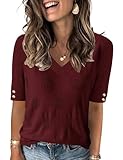 AKEWEI Sweater Women V Neck Short Sleeve Tops Spring Fashion Clothes 2026 Knit Trendy Pullover Blouses(Burgundy,Large)