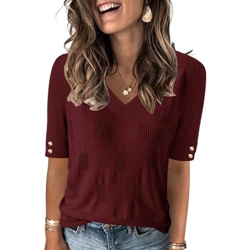 AKEWEI Womens V Neck Sweater Short Sleeve Lightweight Knit Spring Summer Tops with Decorative Buttons Wine Red Small