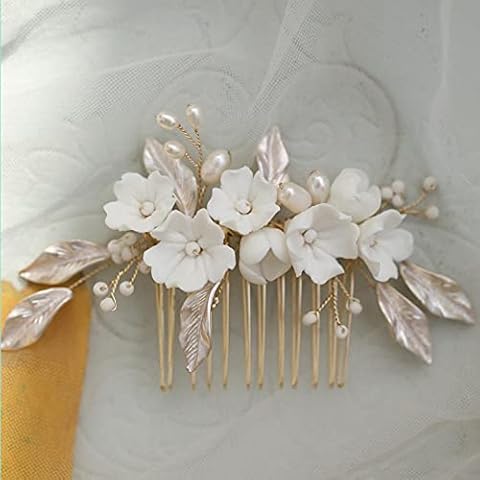 Wedding Hair Accessories Hair Comb for Brides,Delicate Bridal Hair Comb Piece White Porcelain Flower Wedding Headpiece Gold Leaf Women Hair Jewerly, Prom Side Combs for Girls Cover
