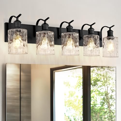 Image of Bathroom Vanity Light Fixtures 5-Light Hammered Glass Modern Wall Mounted Over Mirror Black - VL01BKH-5