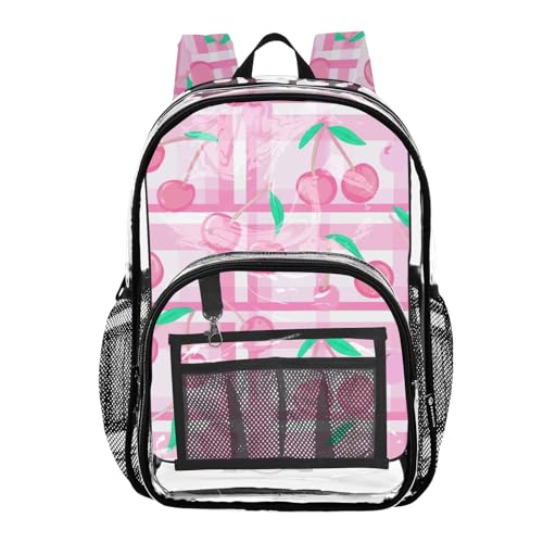 Clear Bag for Women Travel Pink Cherries Green Leaves Girls Backpack Kids Boys Plastic See through Bookbag