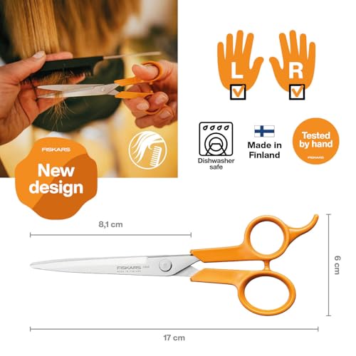 Fiskars Classic Haarschere, Mit Fingerauflage, Rechts- und Linkshändig, Gesamtlänge: 17 cm, Verbesserte Griff-Ergonomik, Qualitätsstahl/Kunststoff, Orange, 1075062