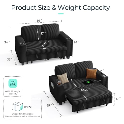Image of LINSY HOME Loveseat Sofa with Pull Out Couch Chaise: 2-in-1 Convertible 2 Seater Sofa with USB Charging & Cup Holders, Comfy Plush Corduroy Love Seat for Small Spaces Living Room Apartment, Black
