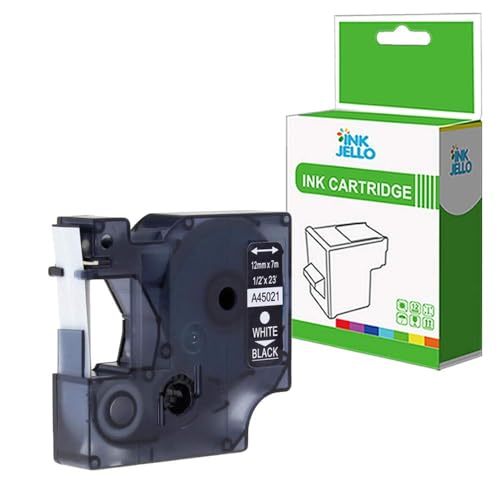 InkJello Compatible Label Tape Replacement for Dymo LabelManager 100 120P 150 160 200 210D 220P 260P 280 300 350 350D 360D 400 420P 450 450D 45021 1/2" (12mm) (White on Black 1-Pack)