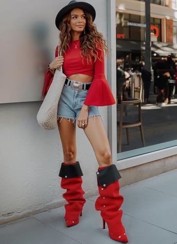 Image of Women's Knee High Shark Boots Pointed Toe High Heels Ruched Stiletto Slouchy Party Boots Detachable Snap-off Panel