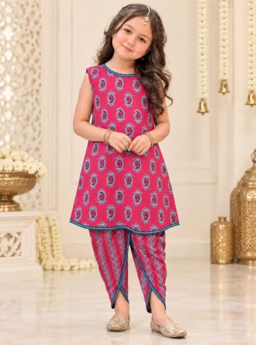 Image of superminis Girls Cotton Sangakari Print A Line Style Sleeveless, Round Neck Kurti and Dhoti with Elastic Closure Ethnic Wear