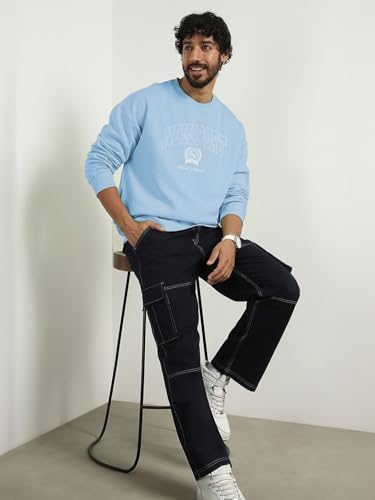 Image of Nobero Men's Graphic Printed Oversized Sweatshirt | Cotton Rich Fleece Round Neck Pullover | Relaxed Fit Casual Winter Wear for Men