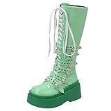 Parisuit Gothic Knee High Buckle Boots Platform Lace Up Wedges Combat Boots Side Zipper Boots for Women -green size 7.5