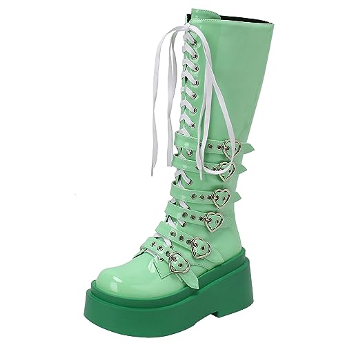 Image of Parisuit Women's Knee High Goth Platform Boots Lace Up Combat Boots | Chunky High Heel, Buckle Boots, Punk Chain Boots