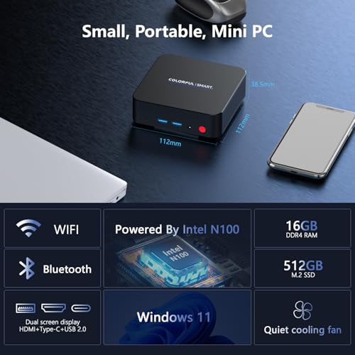 Image of Colorful Mini PC,16GB DDR4 512GB SSD,12th Gen Alder Lake N100 (up to 3.4GHz) Mini Desktop with PWM Smart Quiet Fan,Support 4K Quad Display,WiFi,BT,HDMI,Gigabit Ethernet for Home /Business /Office
